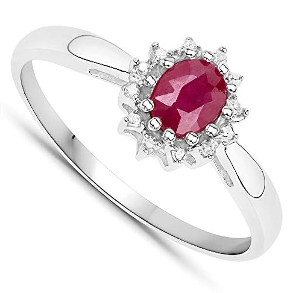 The Ruby Ring Collection: Anello di fidanzamento a grappolo in oro bianco 9 kt, piccolo rubino ovale e diamante, festa della mamma, anello misura H, I, J, K, L, M, N, O, P, Q, R, S, T, U, V, W